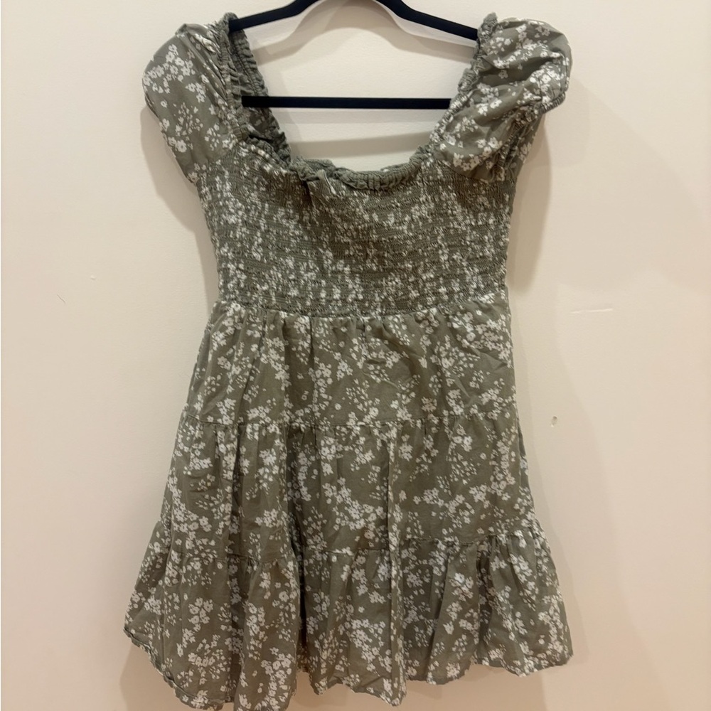 garage floral green dress aesthetic girly summer midi dress with puff-sleeve